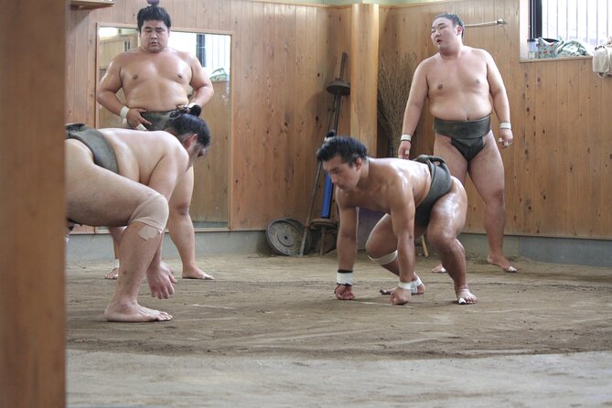 Experience the Sumo World in Tokyo - Trying to push a wrestler