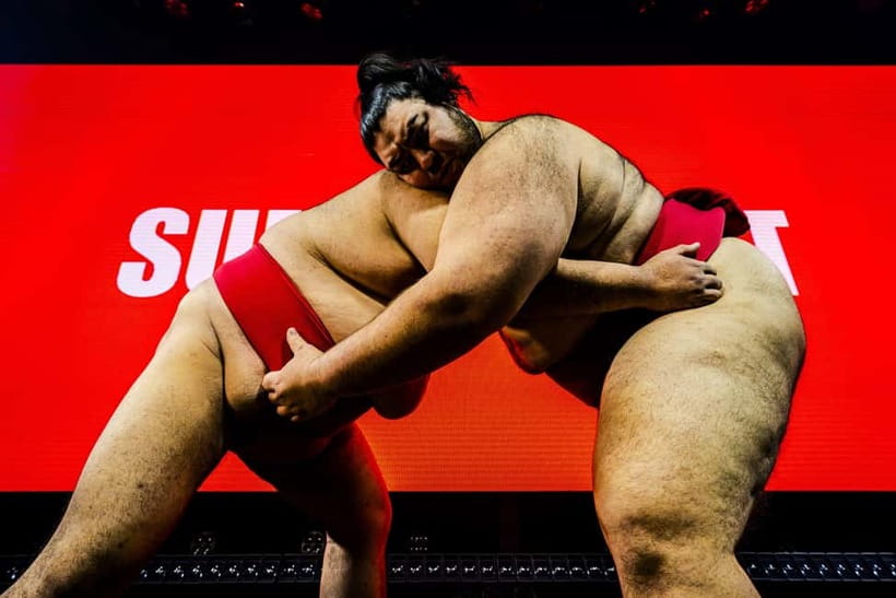 Osaka:SUMO BEATS SHOWCASE: Taiko Drum and Wagyu burger! - Learning the basic movements of sumo