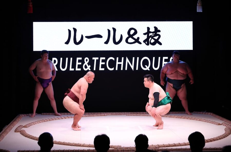 Osaka: Sumo Stage Show with Bento or Snack + Fight & Photo - Exhibition bouts with former wrestlers