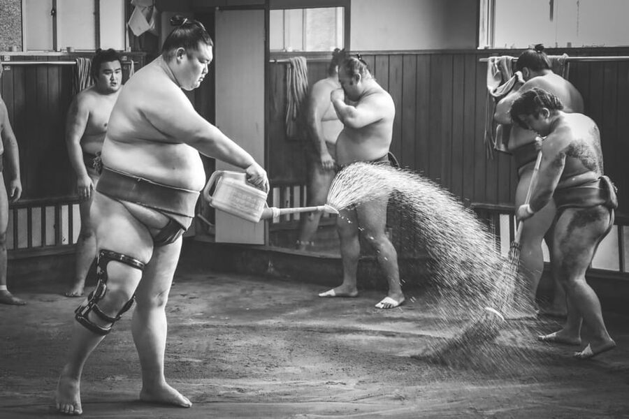 Tokyo: Sumo Morning Practice with journalists. Not fake show - Entering a real sumo stable in Ryogoku